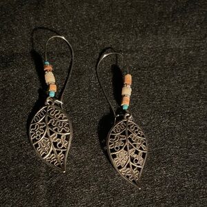 Silver Leaf Filigree Dangle Earrings with Turquoise Accent